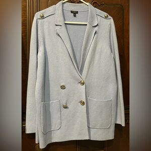 TALBOTS 95%COTTON/5% SILK BLUE CARDIGAN SWEATER BLAZER W SILVER CRESTED BUTTONS